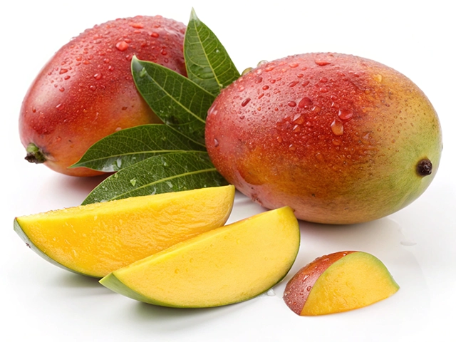 Two ripe mangoes with droplets of water on their surface, accompanied by green leaves, and several yellow mango slices arranged beside them.