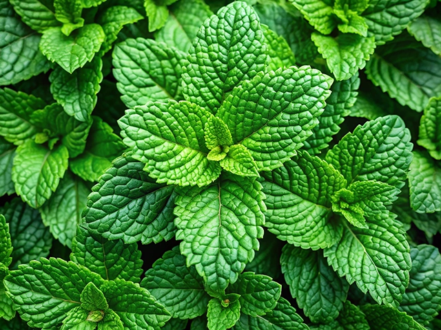 A close-up view of vibrant green mint leaves with distinct textures and patterns.