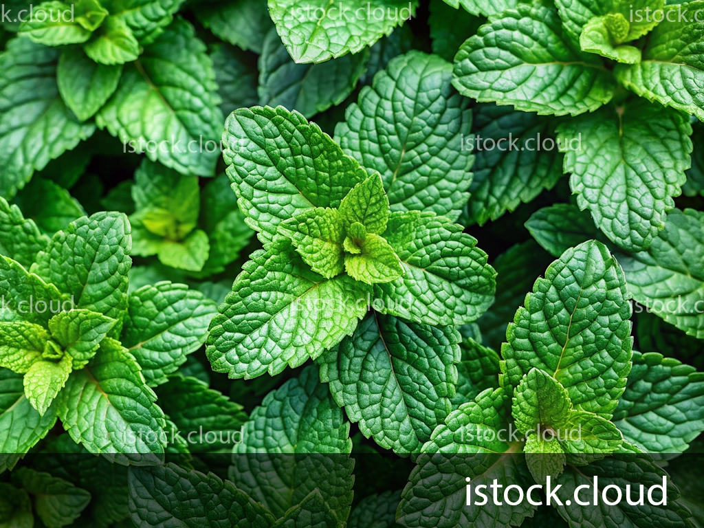 A close-up view of vibrant green mint leaves exhibiting their intricate texture and leaf patterns.