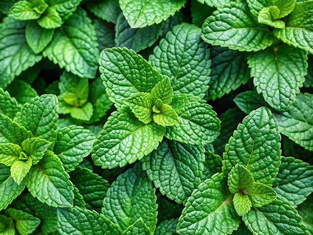 A close-up view of vibrant green mint leaves exhibiting their intricate texture and leaf patterns.