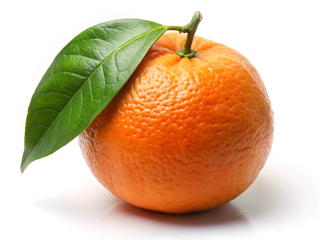 A vibrant orange with a green leaf attached, positioned against a white background, showcasing its textured surface.