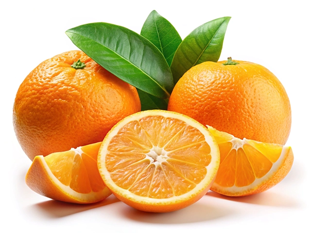 A cluster of fresh oranges, two whole and one sliced in half, with additional orange fruit segments and green leaves on a white background.