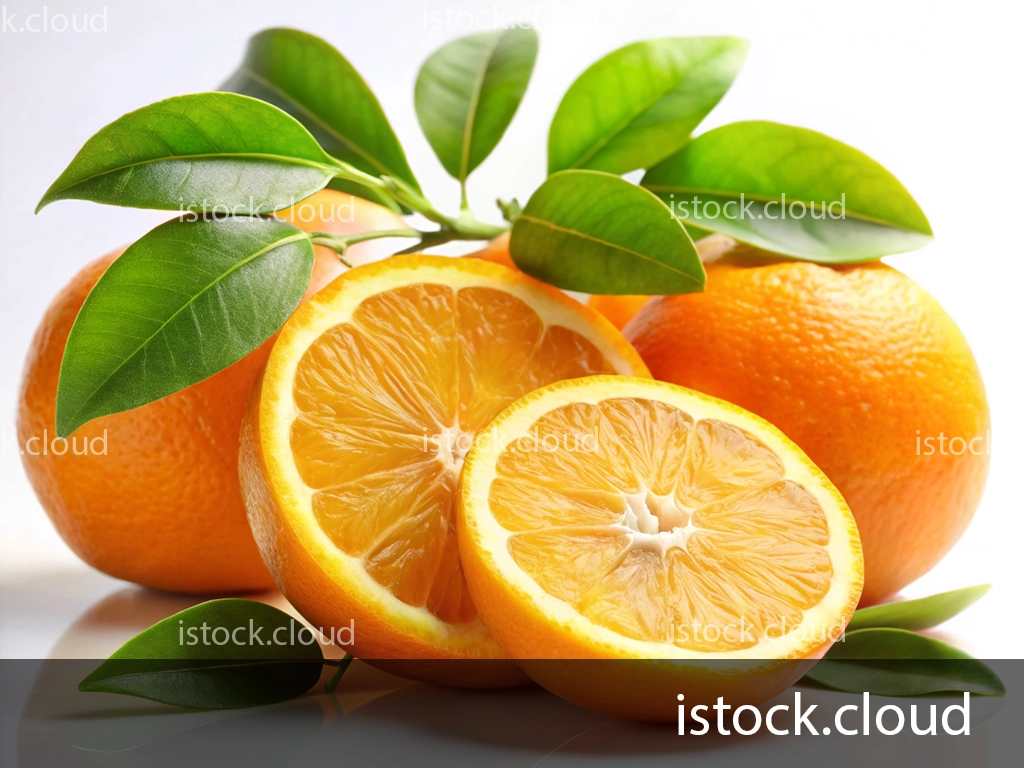 A cluster of fresh oranges with vibrant green leaves, featuring one orange sliced in half to reveal its juicy interior.