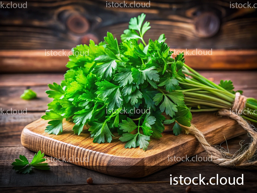 A vibrant bunch of fresh parsley sitting on a rustic wooden cutting board, with scattered parsley leaves and soft natural light.
