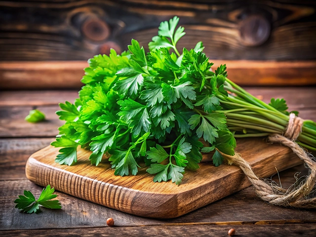 A vibrant bunch of fresh parsley sitting on a rustic wooden cutting board, with scattered parsley leaves and soft natural light.