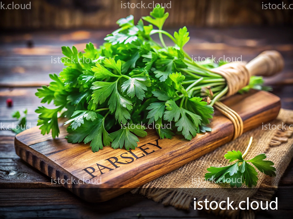 A fresh bunch of parsley is displayed on a wooden cutting board engraved with the word "PARSLEY." The board is set on a rustic burlap cloth, with a few parsley leaves scattered nearby. The vibrant green color of the parsley contrasts with the warm tones of the wood.
