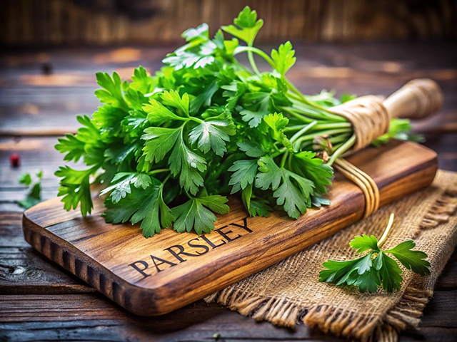 A fresh bunch of parsley is displayed on a wooden cutting board engraved with the word "PARSLEY." The board is set on a rustic burlap cloth, with a few parsley leaves scattered nearby. The vibrant green color of the parsley contrasts with the warm tones of the wood.