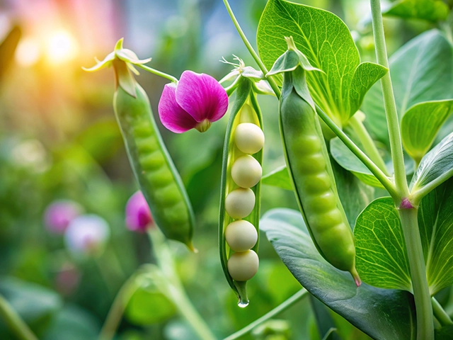 Green pea pods with a pink flower growing among lush green leaves in a garden setting, illuminated by warm sunlight.