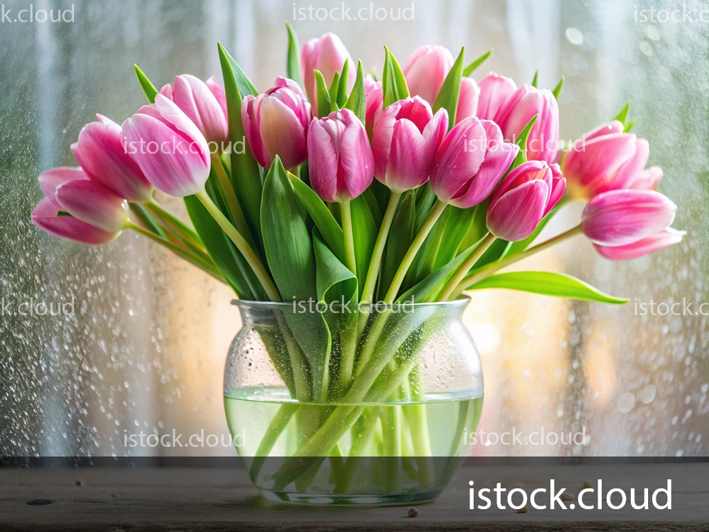 A vibrant arrangement of pink tulips in a clear glass vase, sitting on a wooden surface with a rain-covered window in the background.