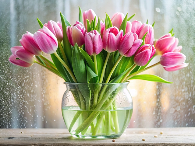 A vibrant arrangement of pink tulips in a clear glass vase, sitting on a wooden surface with a rain-covered window in the background.