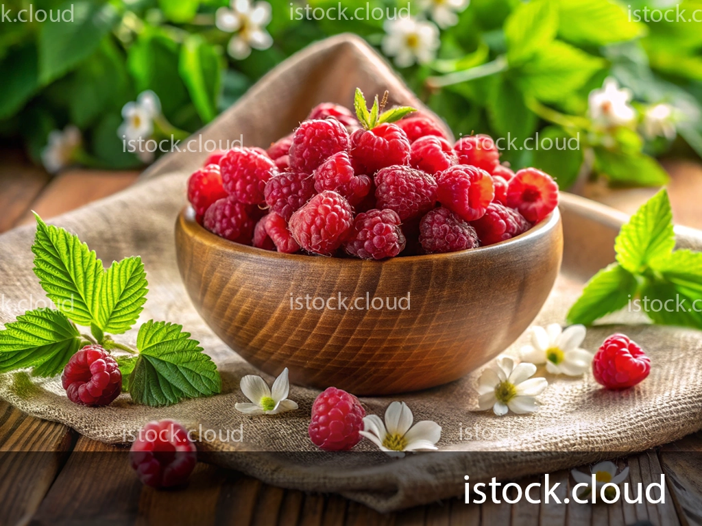 A wooden bowl filled with fresh, plump raspberries sits on a textured cloth. Surrounding the bowl are raspberry leaves and small white flowers, with a blurred green backdrop of foliage.