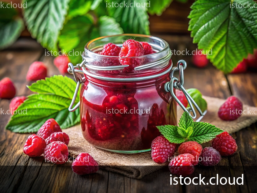 A jar of homemade raspberry jam filled with fresh raspberries, surrounded by loose raspberries and green mint leaves on a rustic wooden surface.