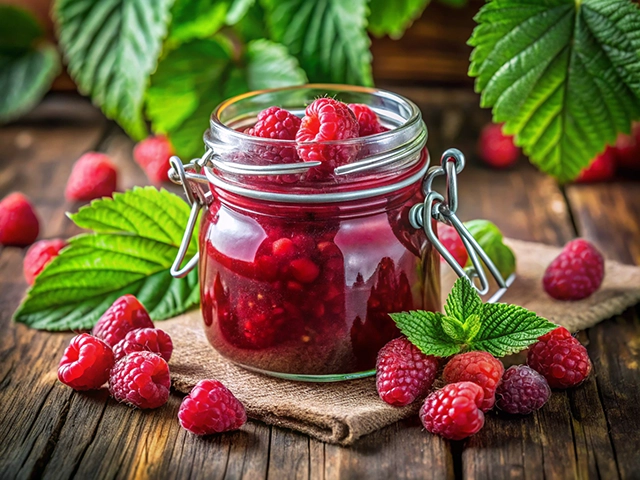 A jar of homemade raspberry jam filled with fresh raspberries, surrounded by loose raspberries and green mint leaves on a rustic wooden surface.