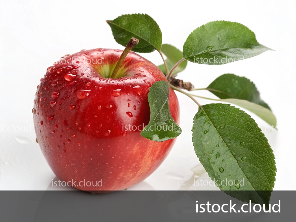 A close-up image of a red apple with water droplets on its surface, featuring green leaves attached to the stem, against a white background.