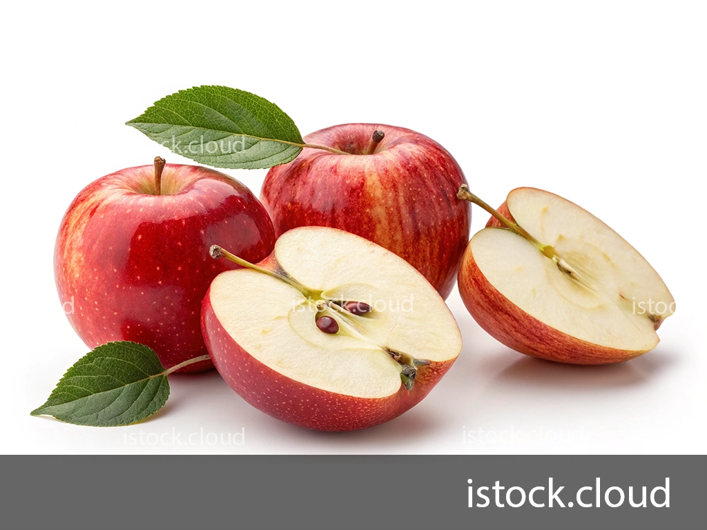 Four fresh red apples, two whole and two halved, with green leaves, displaying their juicy insides and seeds.