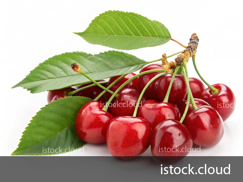 A cluster of shiny red cherries with green leaves, arranged on a white background.