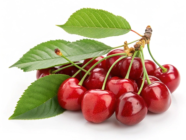 A cluster of shiny red cherries with green leaves, arranged on a white background.