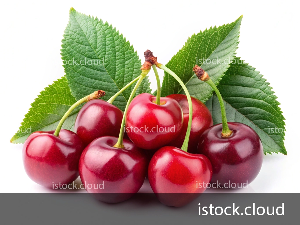 A cluster of fresh, ripe cherries with vibrant red and deep purple hues, accompanied by green leaves. The cherries are glossy and plump, arranged artistically on a white background.