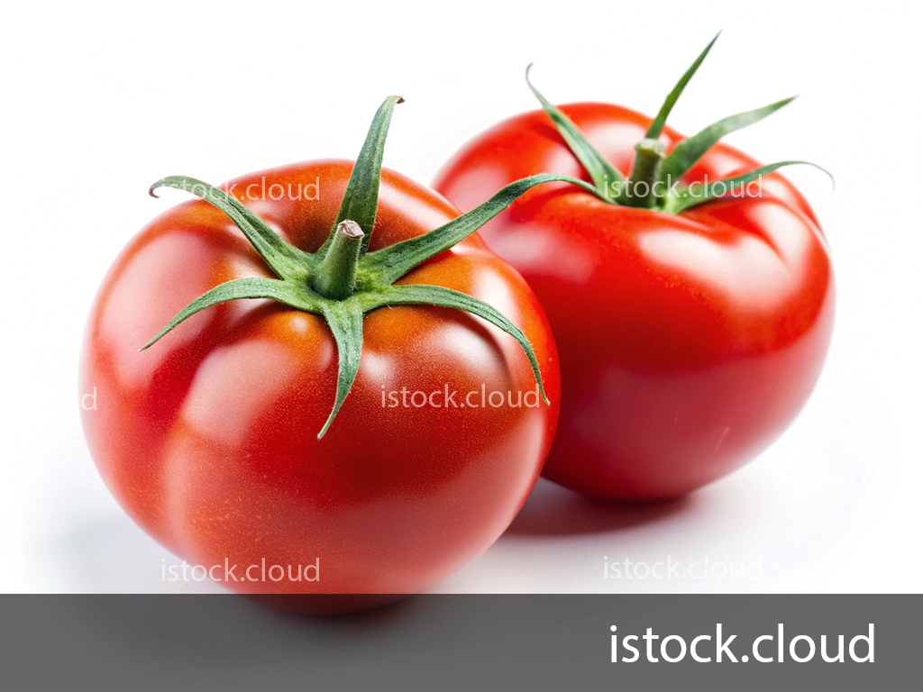 Two ripe red tomatoes with green stems, positioned closely on a white background.