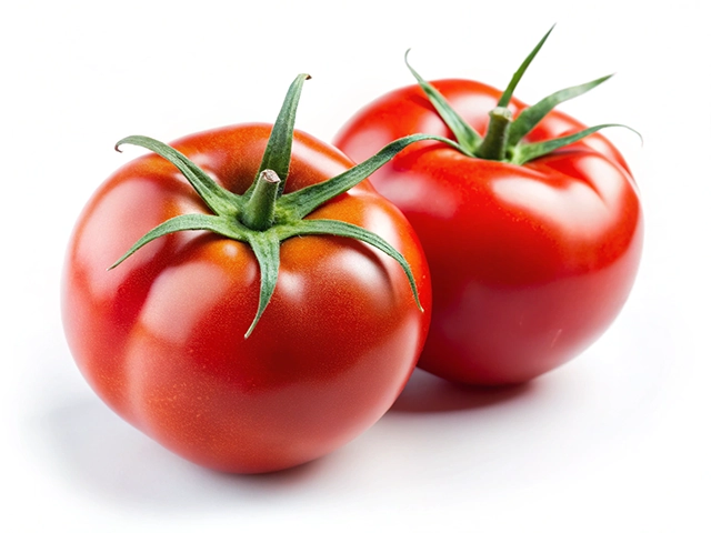 Two ripe red tomatoes with green stems, positioned closely on a white background.