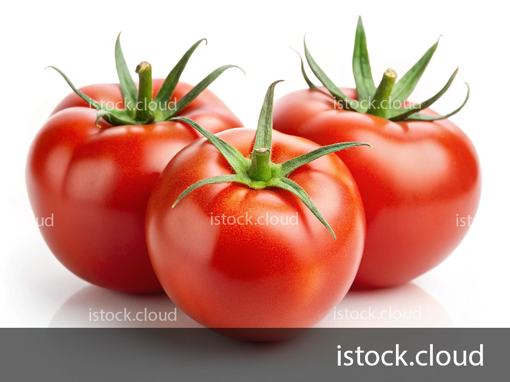Three ripe red tomatoes are arranged closely together, showcasing their smooth skin and green stems against a white background.
