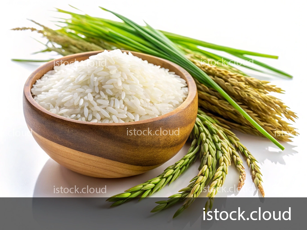 A wooden bowl filled with white rice sits on a white background, surrounded by fresh chives and stalks of harvested rice grain.