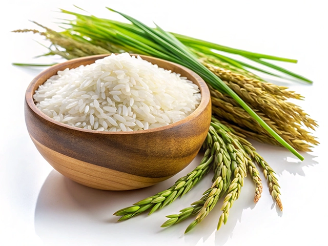 A wooden bowl filled with white rice sits on a white background, surrounded by fresh chives and stalks of harvested rice grain.