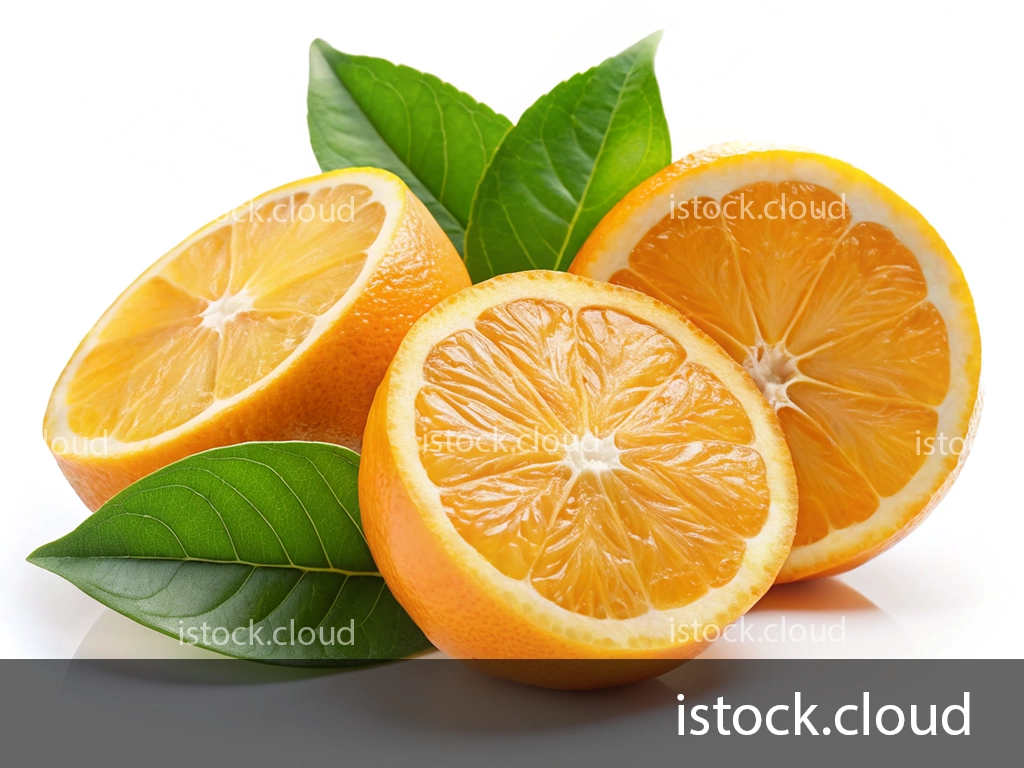 Three halved oranges are placed next to each other, showcasing their juicy, vibrant orange flesh. Green leaves are arranged beneath the oranges, adding a fresh touch to the composition. The background is white, highlighting the fruit.