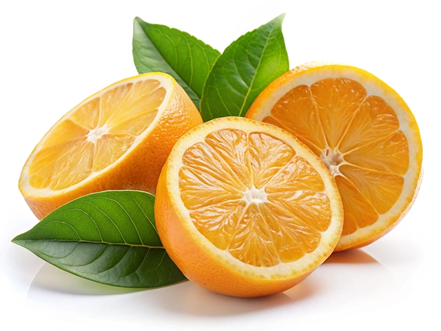 Three halved oranges are placed next to each other, showcasing their juicy, vibrant orange flesh. Green leaves are arranged beneath the oranges, adding a fresh touch to the composition. The background is white, highlighting the fruit.