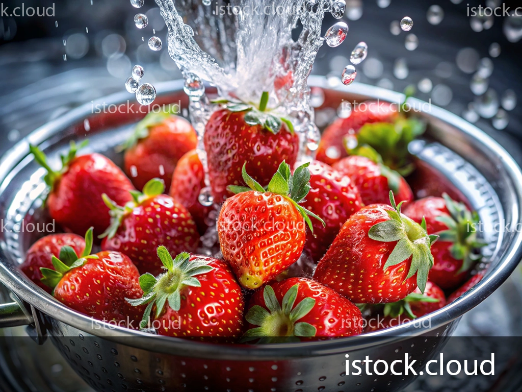 A silver colander filled with fresh red strawberries under a stream of water, creating splashes and droplets around the fruit.