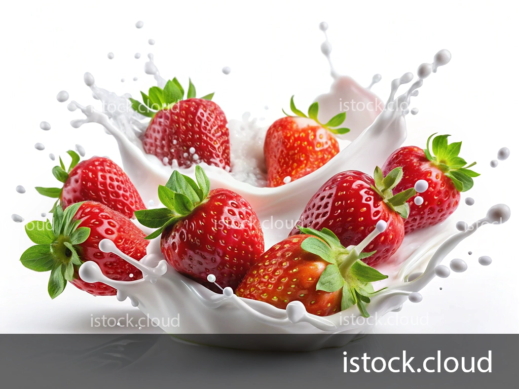 A vibrant arrangement of fresh strawberries splashes into a pool of milk, creating a dynamic and visually appealing scene. The strawberries are bright red with green leaves, and the milk splash has various droplets scattered around, set against a white background.