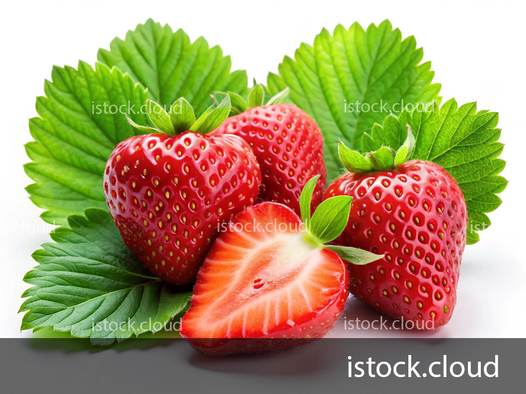A vibrant arrangement of fresh strawberries, including one cut in half, surrounded by green leaves on a white background.