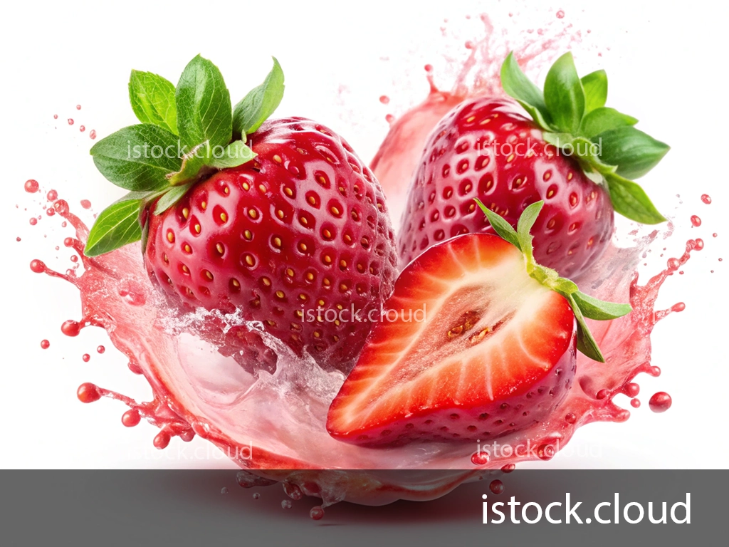 A group of vibrant red strawberries, two whole and one sliced, surrounded by splashes of strawberry juice on a white background.