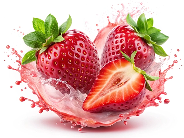 A group of vibrant red strawberries, two whole and one sliced, surrounded by splashes of strawberry juice on a white background.