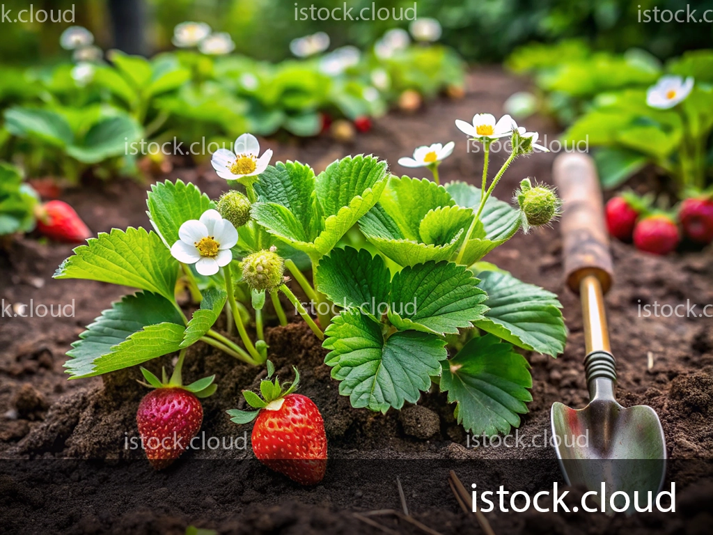 Close-up view of strawberry plants with ripe strawberries and delicate white flowers in a garden, accompanied by a small gardening shovel.