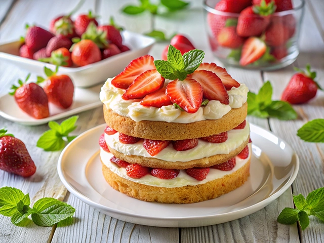 A beautifully layered strawberry cake sits on a white plate. The cake features three tiers filled with cream and fresh strawberries, topped with slices of strawberries and a sprig of mint. In the background, a small bowl of strawberries and scattered mint leaves are visible, set against a light wooden table.