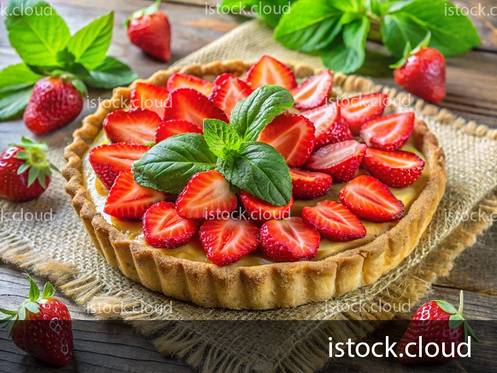 A delicious strawberry tart topped with fresh sliced strawberries and a sprig of mint, placed on a burlap cloth with whole strawberries around.