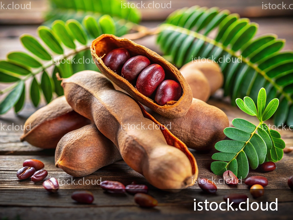 A close-up of tamarind pods with seeds visible inside, surrounded by loose seeds and green tamarind leaves on a rustic wooden background.