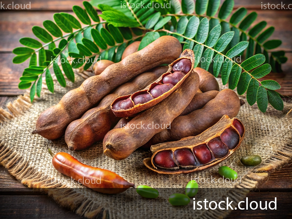 A collection of ripe tamarind pods resting on burlap, with one pod partially open to reveal glossy seeds inside. Green tamarind leaves and a few unripe seeds are visible alongside the pods on a wooden surface.