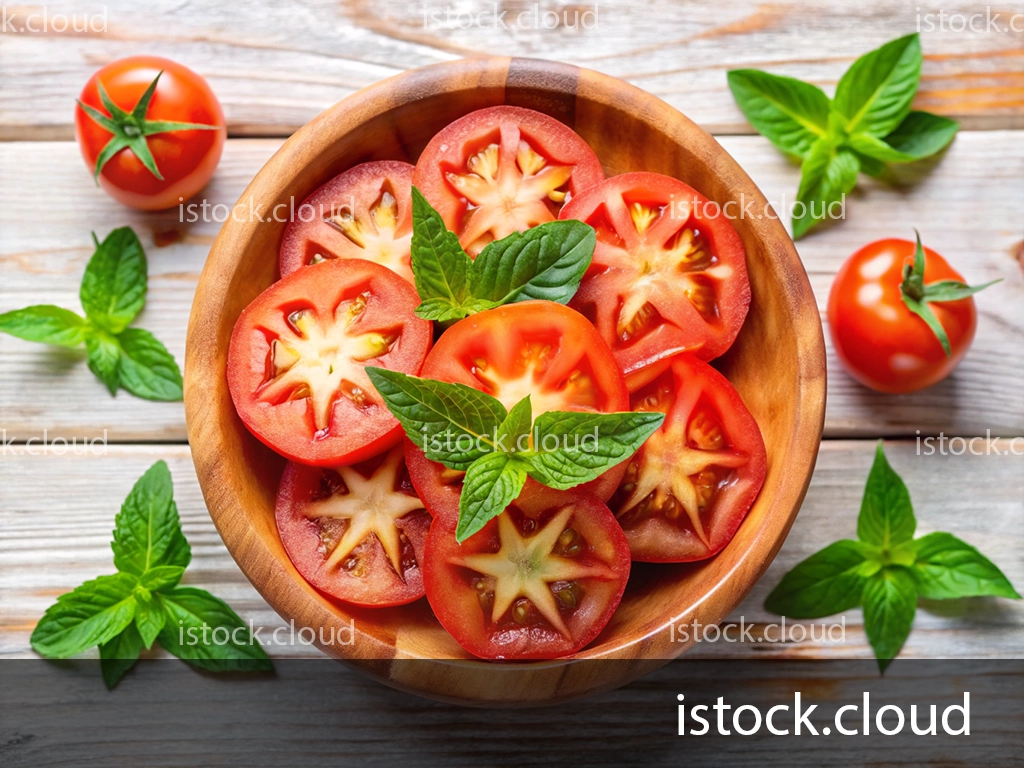 A wooden bowl filled with sliced tomatoes and fresh mint leaves, placed on a rustic wooden surface. Whole tomatoes and mint sprigs are scattered around the bowl.