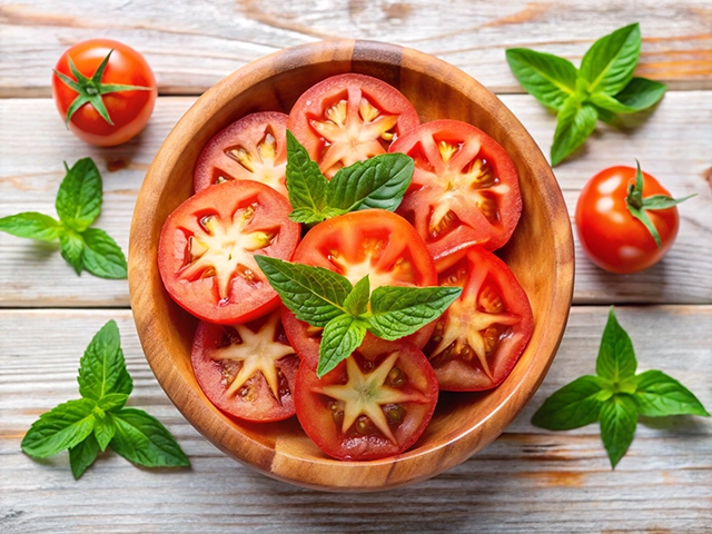 A wooden bowl filled with sliced tomatoes and fresh mint leaves, placed on a rustic wooden surface. Whole tomatoes and mint sprigs are scattered around the bowl.