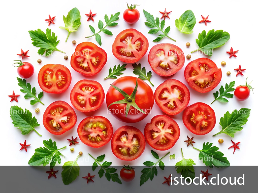 A vibrant arrangement of sliced and whole tomatoes surrounded by various green herbs and red star anise accents on a white background.
