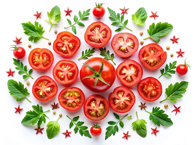 A vibrant arrangement of sliced and whole tomatoes surrounded by various green herbs and red star anise accents on a white background.