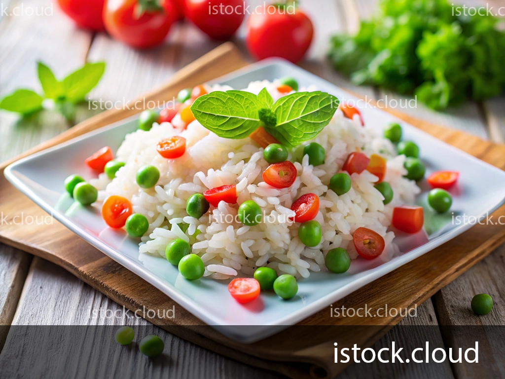 A close-up image of a white plate filled with fluffy rice, topped with bright green peas and chopped red cherry tomatoes, garnished with a fresh mint leaf. The plate is set on a wooden cutting board with cherry tomatoes and leafy greens in the background.