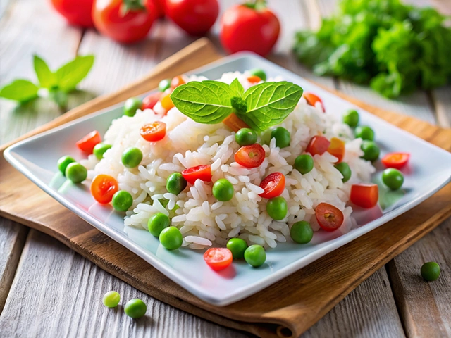 A close-up image of a white plate filled with fluffy rice, topped with bright green peas and chopped red cherry tomatoes, garnished with a fresh mint leaf. The plate is set on a wooden cutting board with cherry tomatoes and leafy greens in the background.