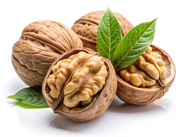Two walnuts, one cracked open displaying the nut inside, accompanied by green walnut leaves on a white background.