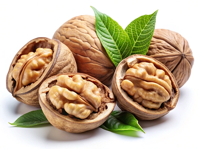A cluster of walnuts, some cracked open revealing their light brown kernels, accompanied by green leaves. The background is white, emphasizing the details of the nuts and leaves.