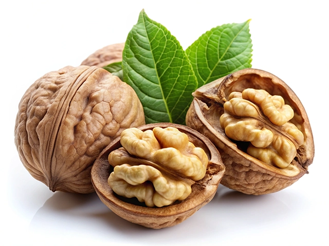 A cluster of whole and shelled walnuts alongside green leaves on a white background.