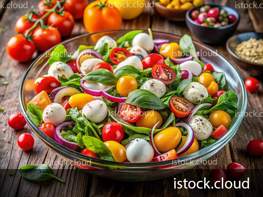 A vibrant bowl of garden salad featuring fresh spinach, cherry tomatoes in red and yellow, small mozzarella balls, and red onion slices, placed on a rustic wooden surface.