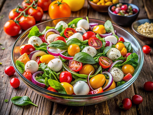 A vibrant bowl of garden salad featuring fresh spinach, cherry tomatoes in red and yellow, small mozzarella balls, and red onion slices, placed on a rustic wooden surface.